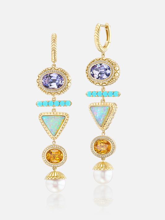 Totem Drop Huggie Earrings: Tanzanite, Opal, Pearl, Turquoise