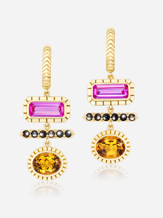 3 Stone Totem Drop Huggie Earrings Citrine Pink Topaz MOP