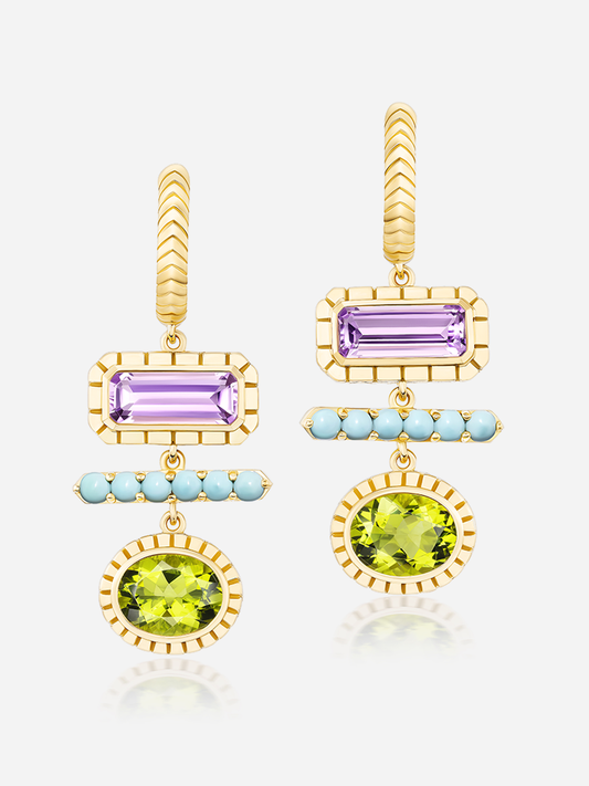3 Stone Totem Drop Huggie Earrings Peridot Amethyst Turquoise
