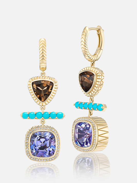 Totem Huggie Earrings: Smokey Quartz, Turquoise, Tanzanite