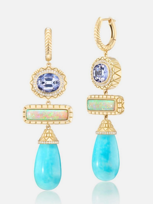 3 Stone Totem Huggie Earrings Tanzanite Opal Bar Turquoise MCM
