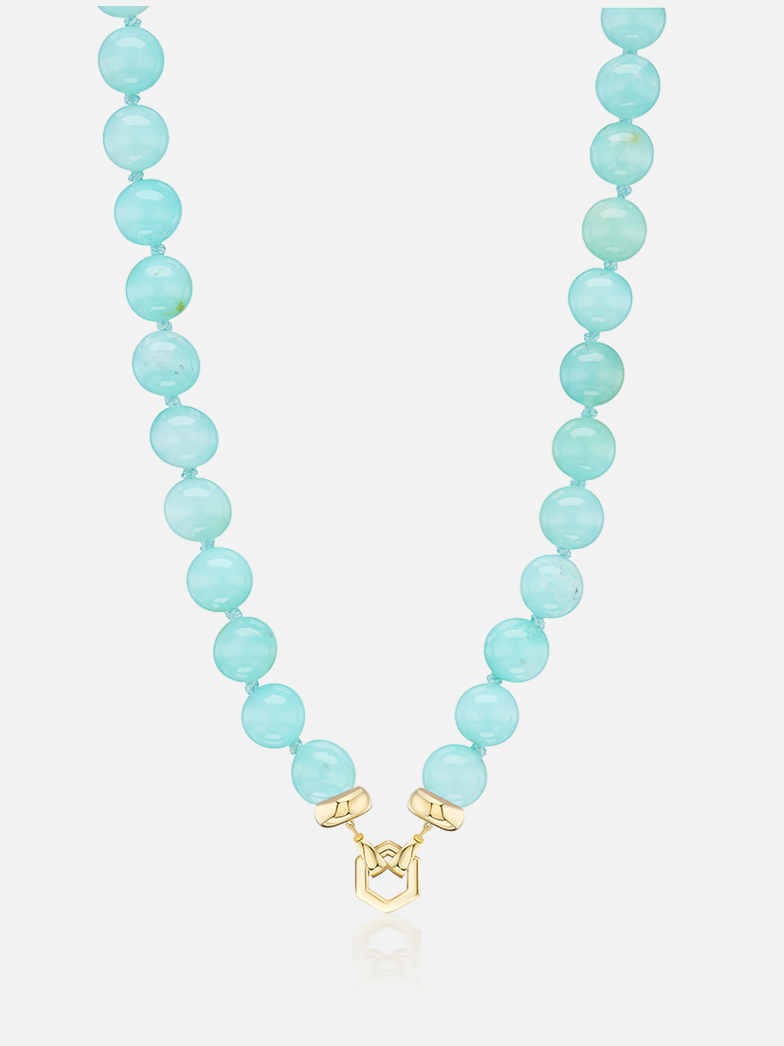 Round Chrysoprase beaded necklace, knotted on silk with a gold hexagon tennis clasp.