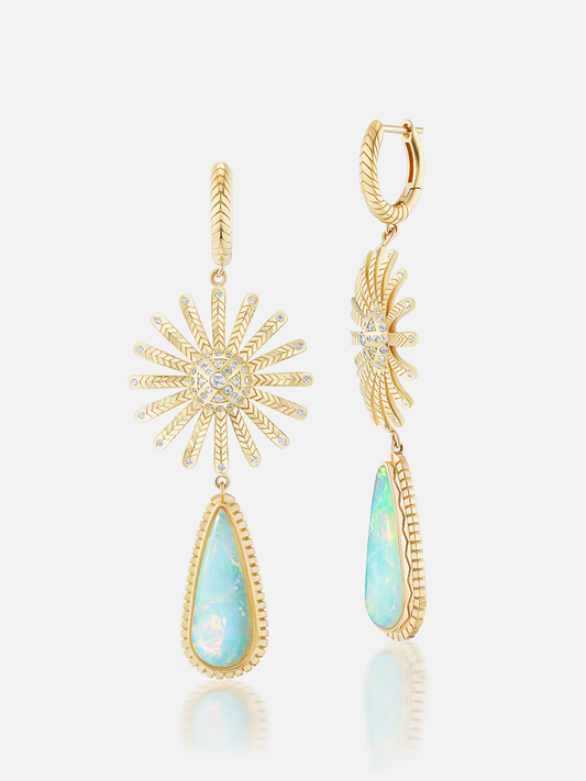 Sunflower Dew Drop Huggies, Diamond & Opal