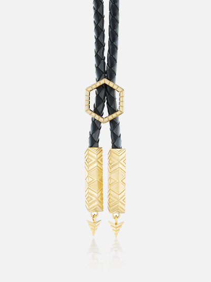 Black Braided Leather Engraved Gold Foundation Bolo