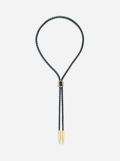 Black Braided Leather Engraved Gold Foundation Bolo