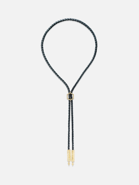 Black Braided Leather Engraved Gold Foundation Bolo