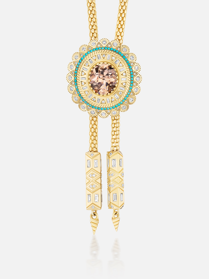 Champagne Zircon & Turquoise Cabochon Concho Bolo Necklace 9.14ct