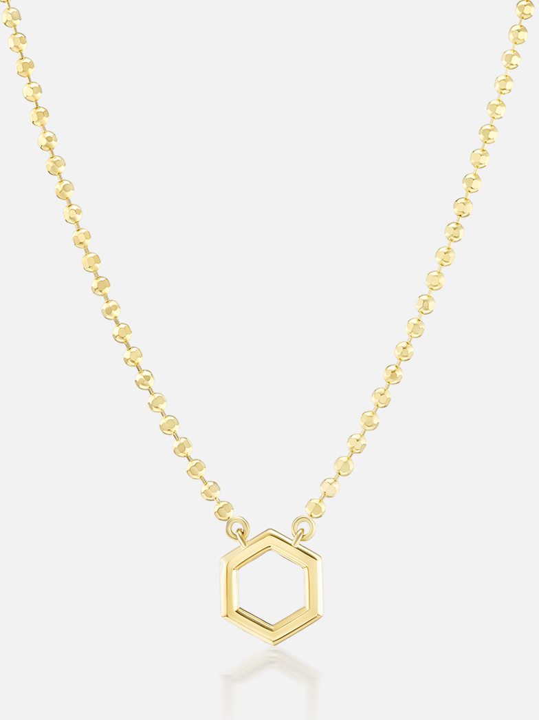 Harwell Godfrey 18k yellow gold mini hexagon foundation necklace with gold hex on diamond-cut ball chain, worn view