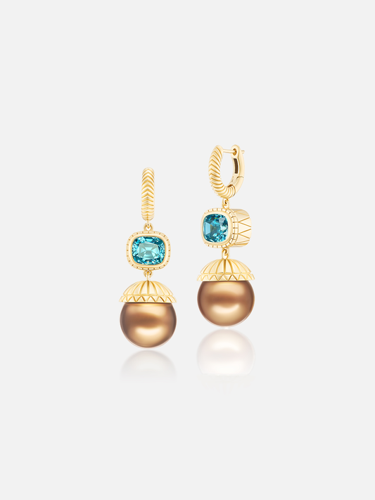 Blue Zircon & Chocolate Pearl Drop Huggie Earrings