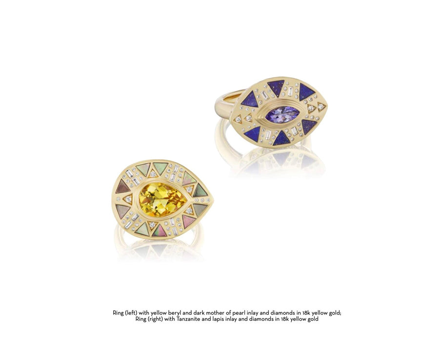 Ring with yellow beryl and dark mother of pearl inlay and diamonds in 18k yellow gold and second ring with tanzanite and lapis inlay and diamonds in 18k yellow gold for Cleopatra's Vault