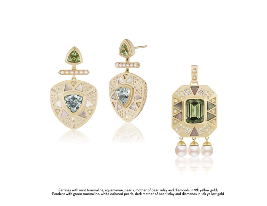Earrings with mint tourmaline, aquamarine, pearls, mother of pearl inlay and diamonds in 18k yellow gold and pendant with green tourmaline, while cultured pearls, dark mother of pearl inlay and diamonds in 18k yellow gold for Cleopatra's Vault