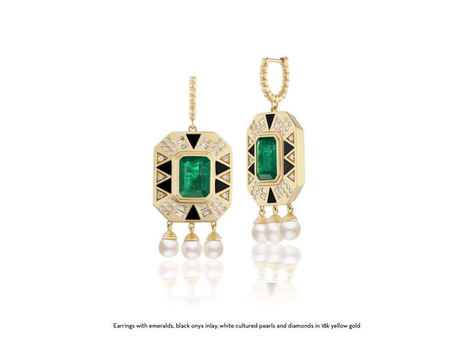 Front view of earrings with emeralds, black onyx inlay, cultured pearls and diamonds in 18k yellow gold for Cleopatra's Vault