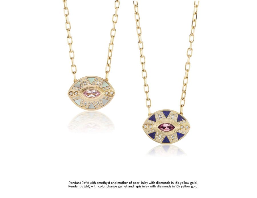 Pendant on the left with amethyst and mother of pearl inlay with diamonds in 18k yellow gold and pendant on the right with color change garnet and lapis inlay with diamonds in 18k yellow gold for Cleopatra's Vault