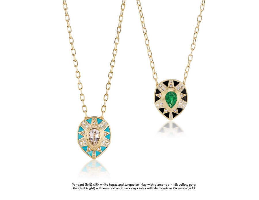 Pendant on the left with white topaz and turquoise inlay with diamonds in 18k yellow gold and on the right, pendant with emerald and black onyx inlay with diamonds in 18k yellow gold for Cleopatra's Vault