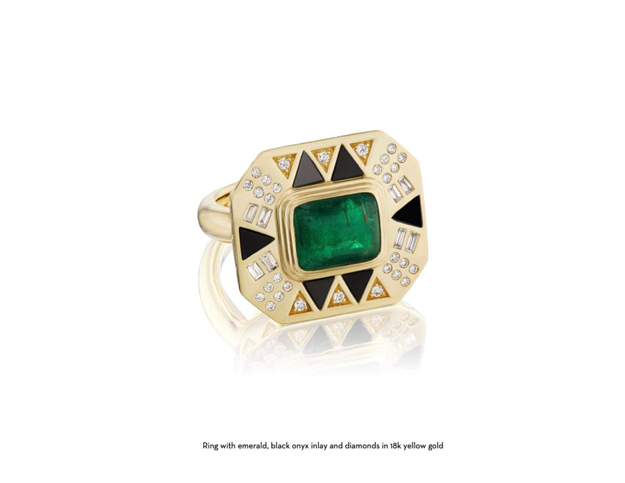 Front view of ring with emerald, black onyx inlay and diamonds in 18k yellow gold for Cleopatra's Vault