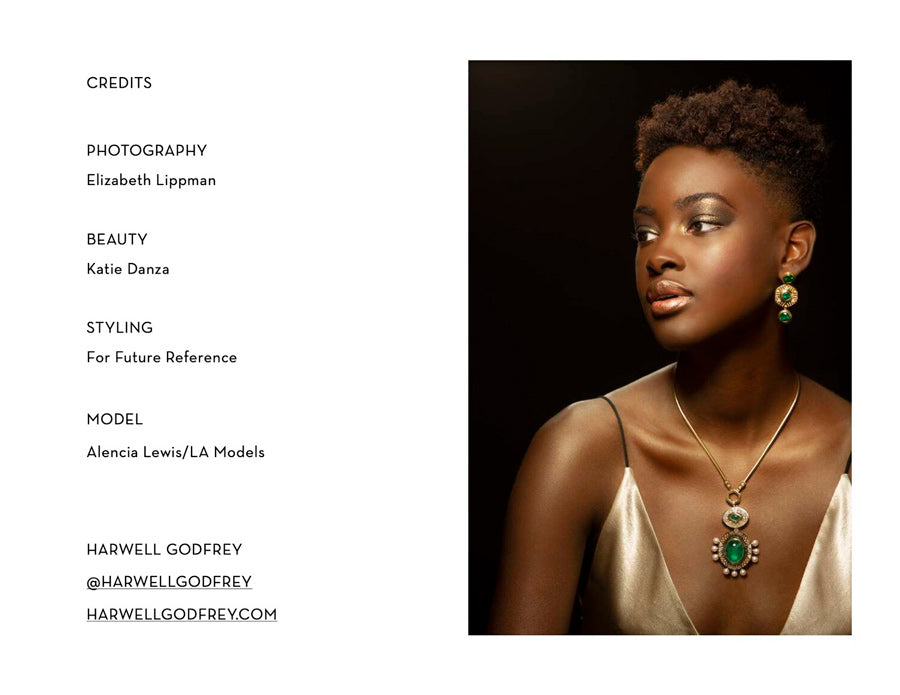 List of credits for photography, beauty, styling and model on the left and woman looking to the side wearing earrings and pendant necklace for Cleopatra's Vault