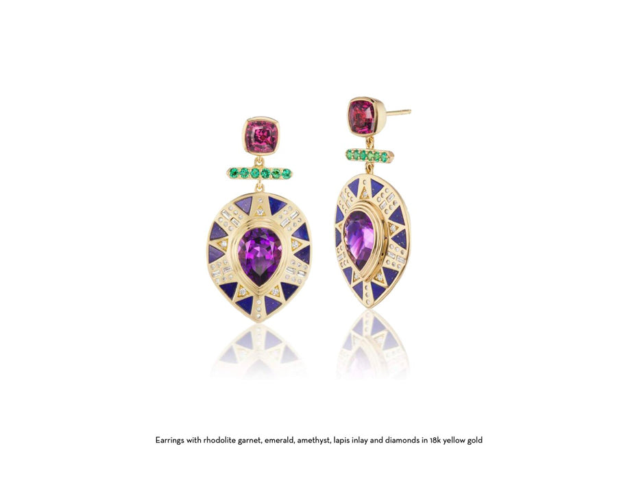 Front view of earrings with rhodolite garnet, emerald, amethyst, lapis inlay and diamonds in 18k yellow gold for Cleopatra's Vault