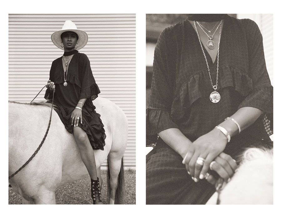 Black and white photos of woman in horse wearing pendants, rings, earrings, bracelets for Good Juju Collection