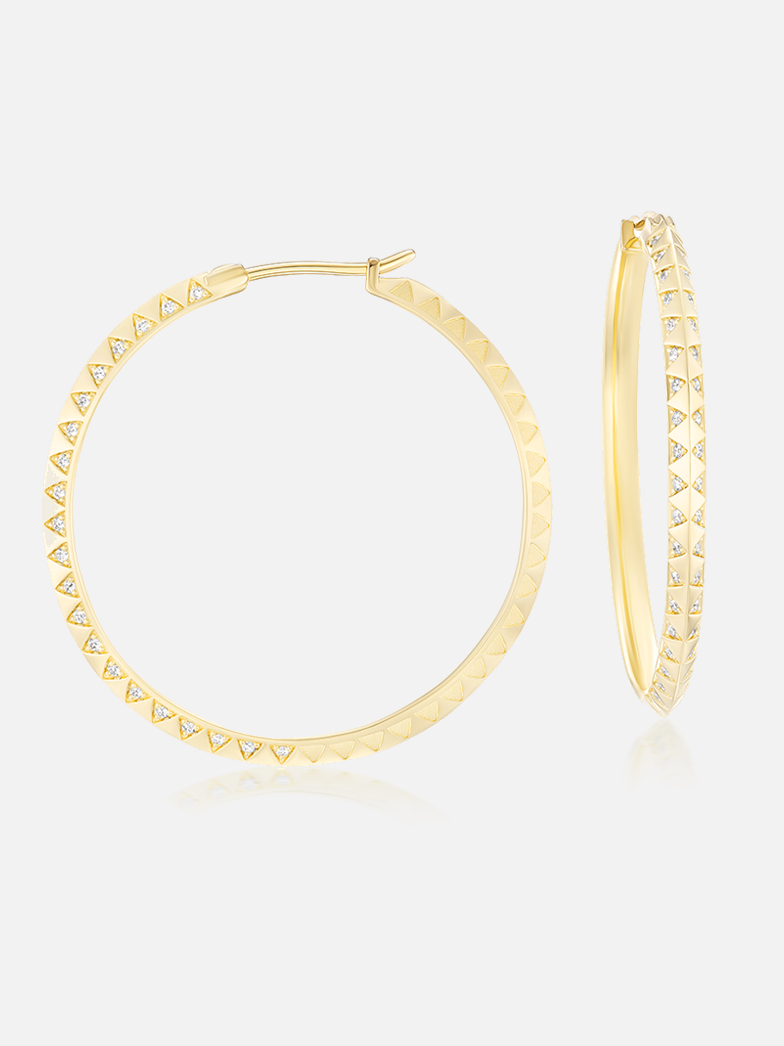 Skinny 18k yellow gold knife-edge hoop earrings with pavé diamond accents along the edge