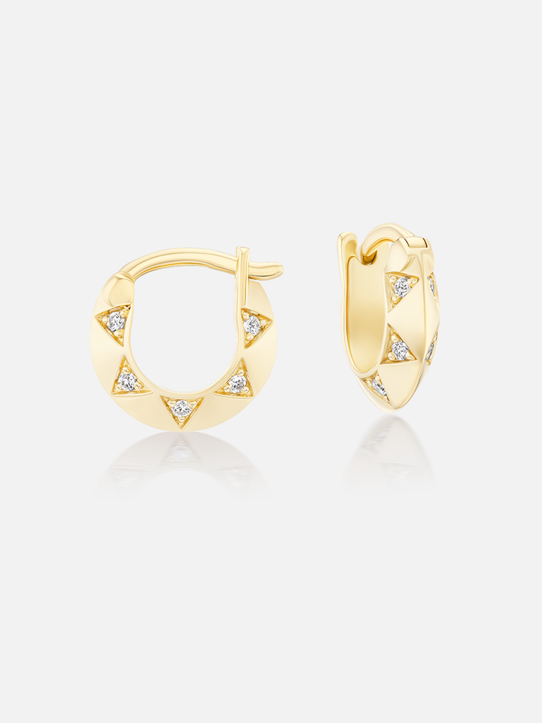 Pair of tiny 18k gold knife-edge hoop earrings with diamond accents