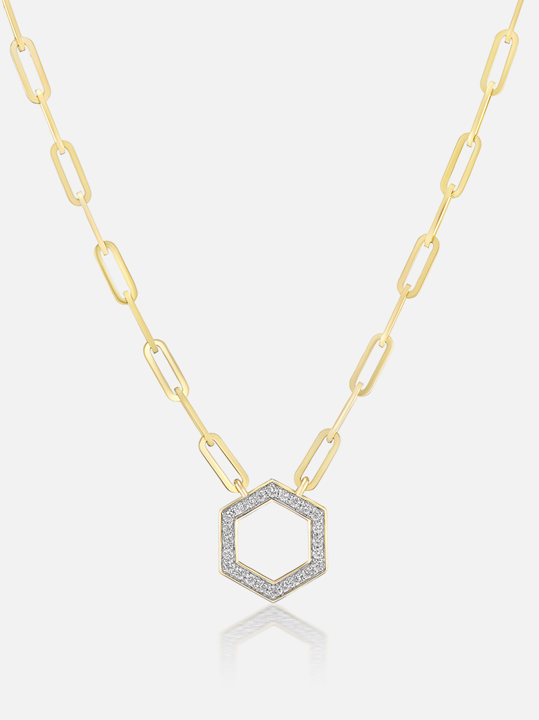 Harwell Godfrey 18k yellow gold mini hexagon foundation necklace with diamond hex on paperclip chain, worn view