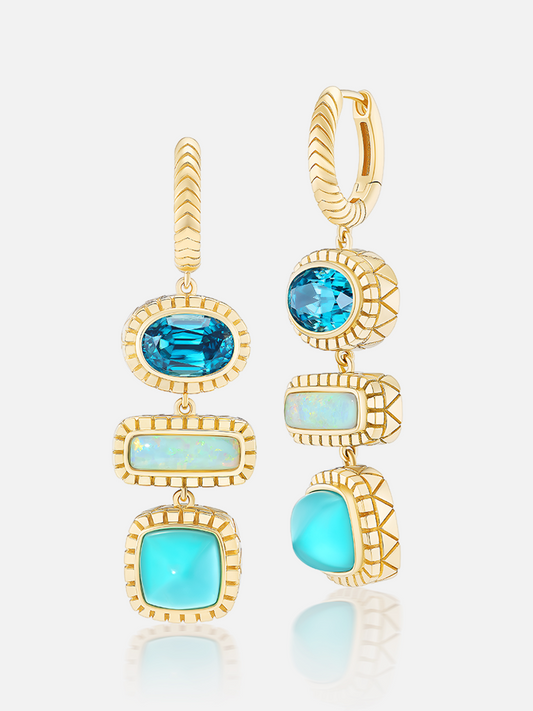 Totem Huggie Earrings: Blue Zircon, Turquoise, Opal