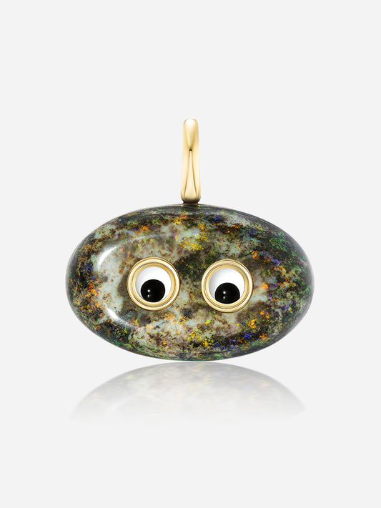 Lil’ Buddies Pendant Barry — luminous 38.31ct opal pendant charm in 18k yellow gold with crystal and onyx googly-eyes, Harwell Godfrey fine jewelry.