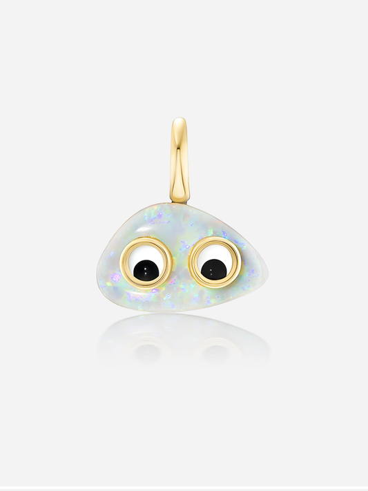 Lil’ Buddies Pendant Elton — opal pendant charm in 18k yellow gold with crystal and onyx googly-eye details, Harwell Godfrey fine jewelry.