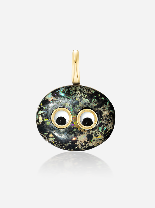 Harwell Godfrey Lil’ Buddies “Freddie” one-of-a-kind opal pendant in 18k yellow gold with googly-eye charm, black and white onyx, crystal accents.
