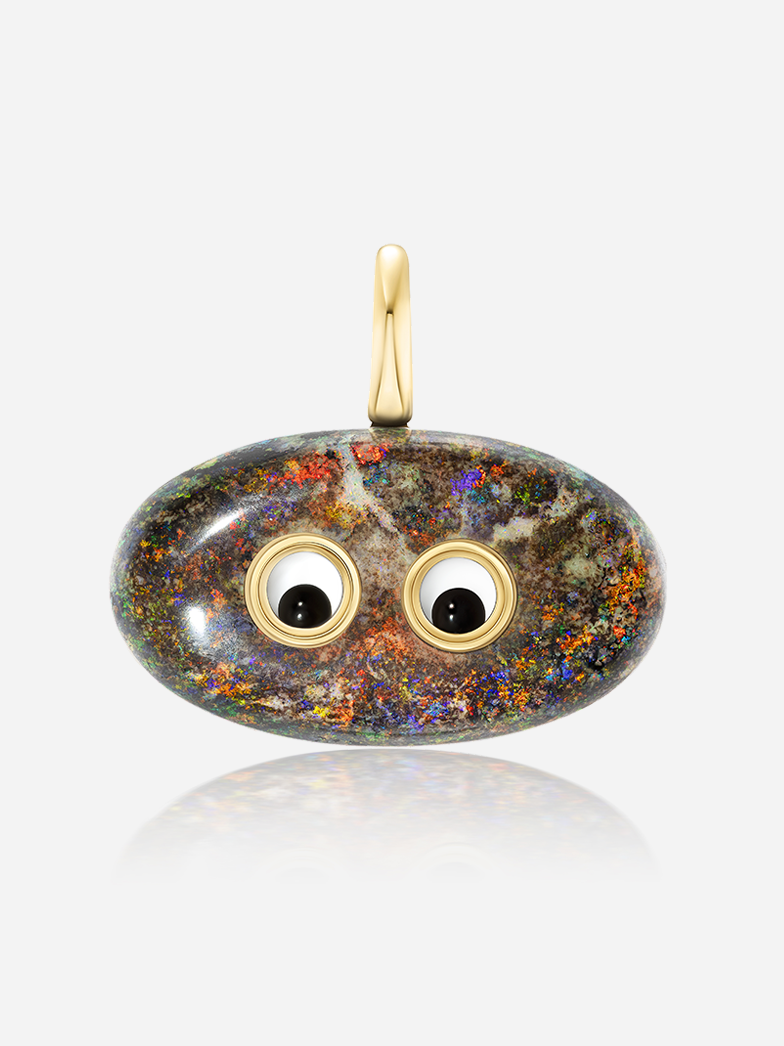 Lil’ Buddies Pendant Johnny — bold 36ct opal pendant charm in 18k yellow gold with crystal and onyx googly-eyes, Harwell Godfrey fine jewelry.