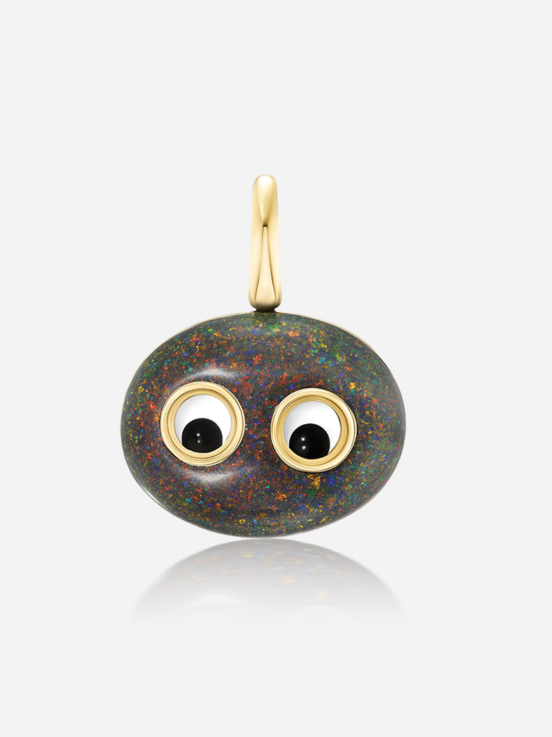 Lil’ Buddies Pendant Stevie — playful 16.7ct opal pendant charm in 18k yellow gold with crystal and onyx googly-eyes, Harwell Godfrey fine jewelry.