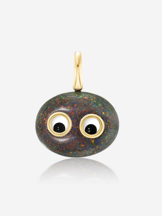 Lil’ Buddies Pendant Stevie — playful 16.7ct opal pendant charm in 18k yellow gold with crystal and onyx googly-eyes, Harwell Godfrey fine jewelry.