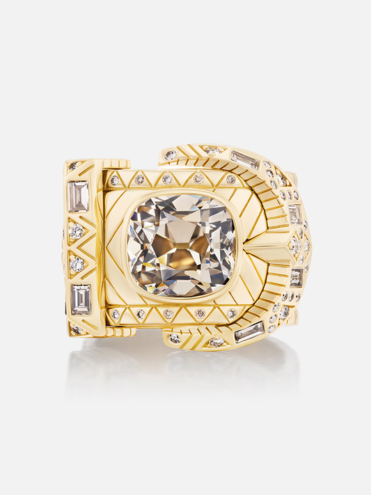 De Beers Cushion Champagne Diamond Buckle Ring 5ct Size 6