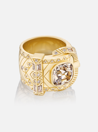 De Beers Cushion Champagne Diamond Buckle Ring 5ct Size 6