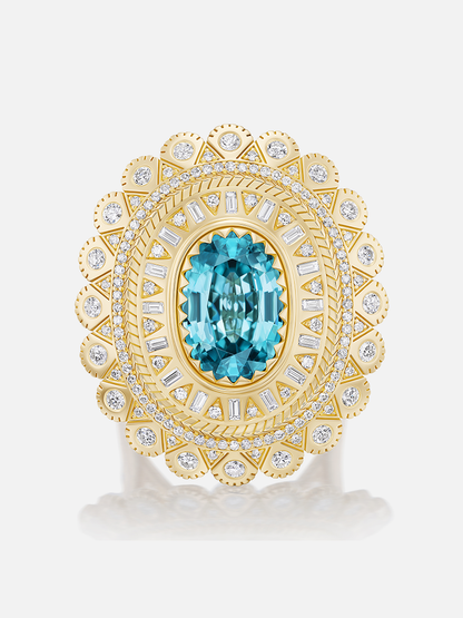 Blue Zircon Concho Ring 6.89ct Size 6