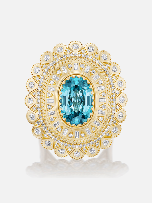 Blue Zircon Concho Ring 6.89ct Size 6