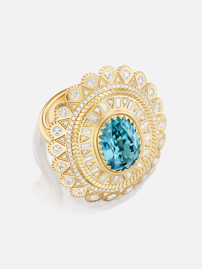 Blue Zircon Concho Ring 6.89ct Size 6