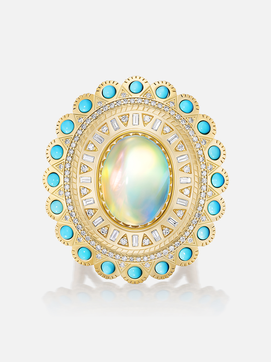 Moonstone & Turquoise Cabochon Concho Ring 10.2ct