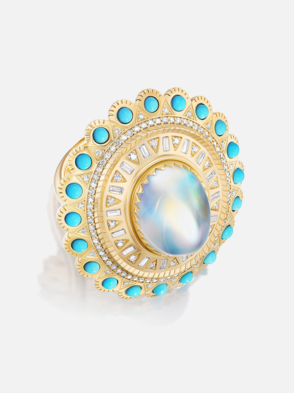 Moonstone & Turquoise Cabochon Concho Ring 10.2ct