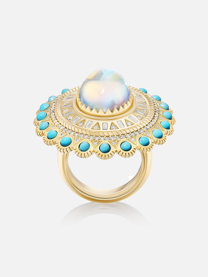 Moonstone & Turquoise Cabochon Concho Ring 10.2ct