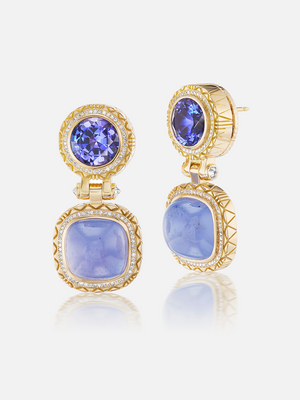 Tanzanite - Calcedony - Diamond Drop Earrings