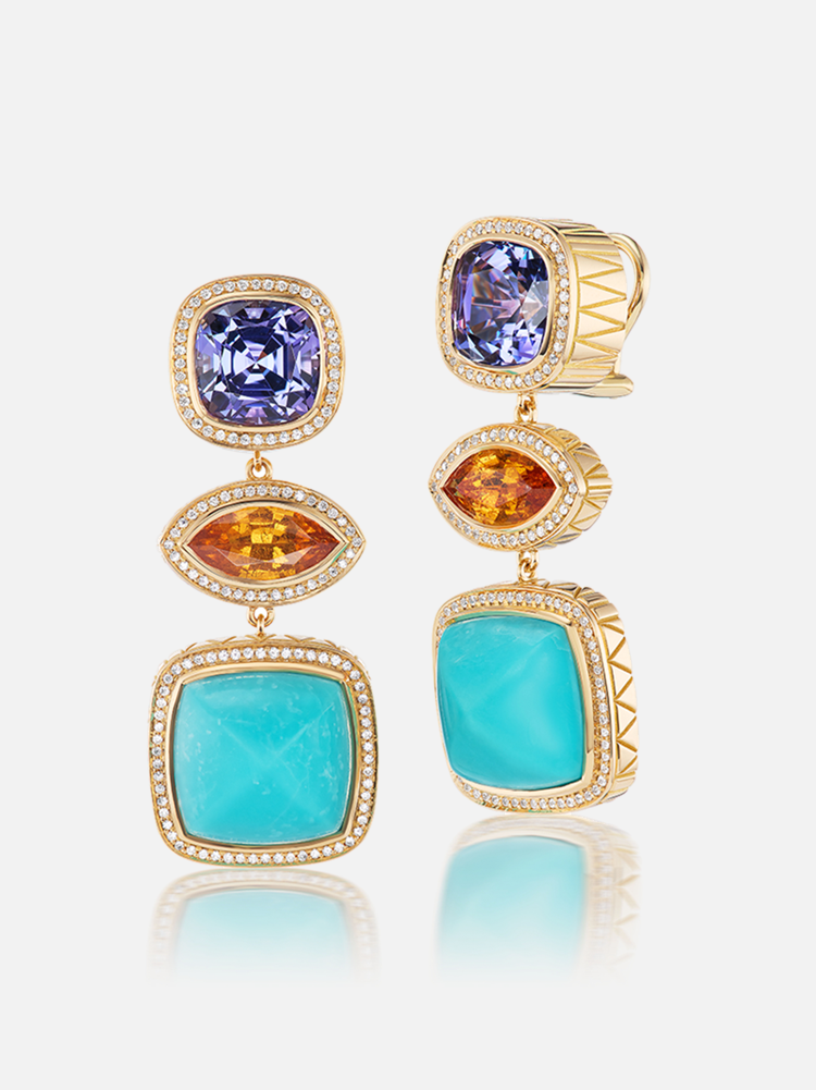 Tanzanite - Mandarin Garnet - Turquoise - Diamond Drop Earrings