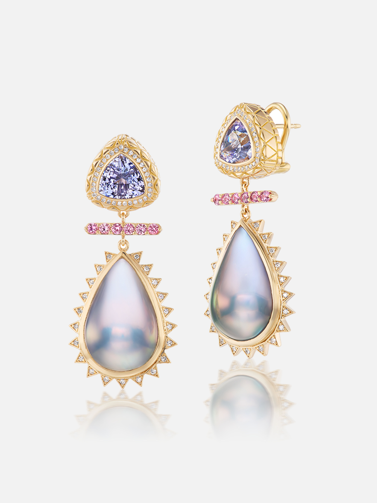 Tanzanite - Pearl - Diamond Drop Earrings