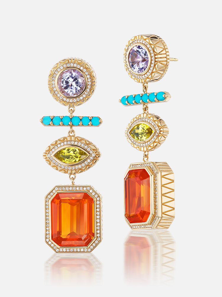 Fire Opal - Tanzanite - Canary Tourmaline - Turquoise - Diamond Drop Earrings