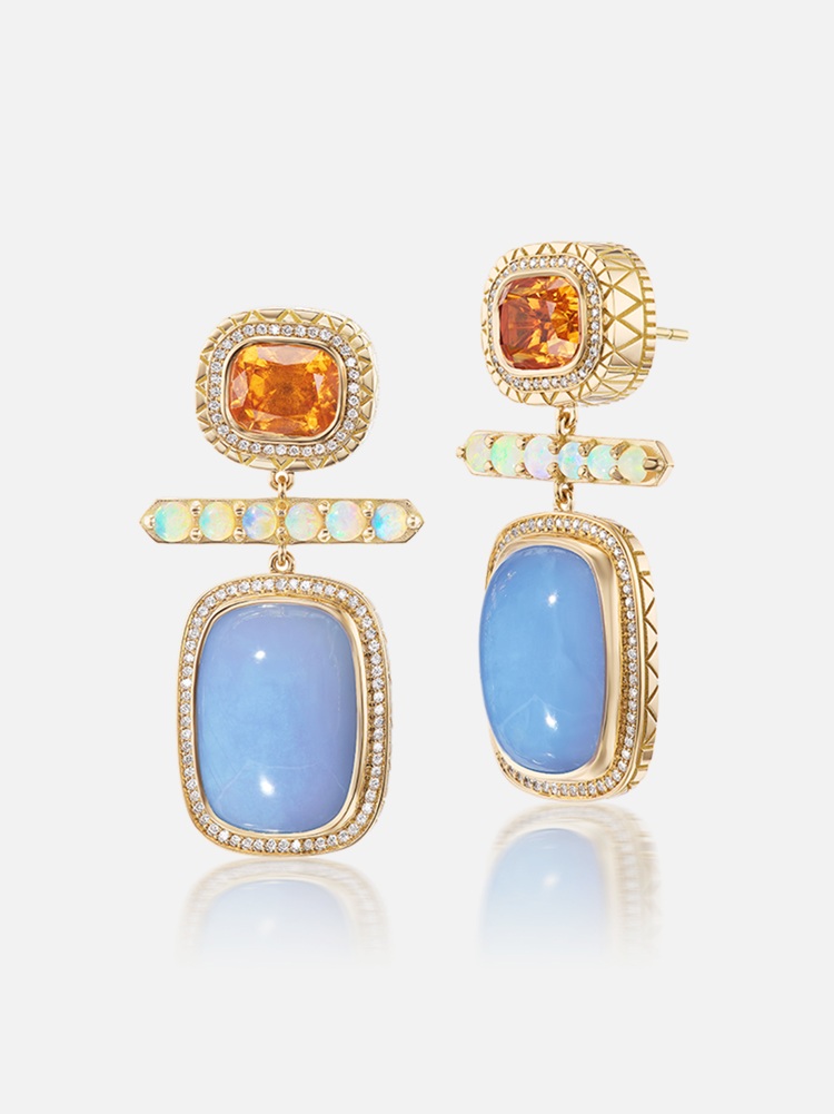 Mandarin Garnet - Opal - Calcedony - Diamond Drop Earrings
