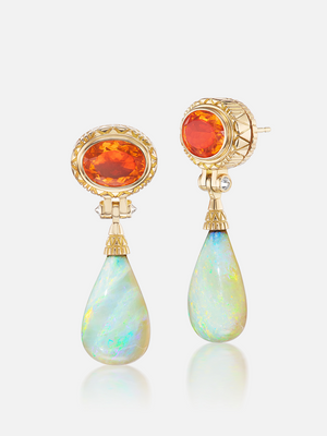 Fire Opal - White Opal - Diamond Drop Earrings RTS